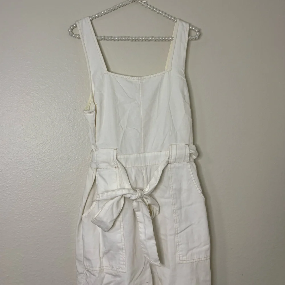 American Eagle Women White Denim Strappy Tie Belt Jumpsuit - Picture 8 of 9
